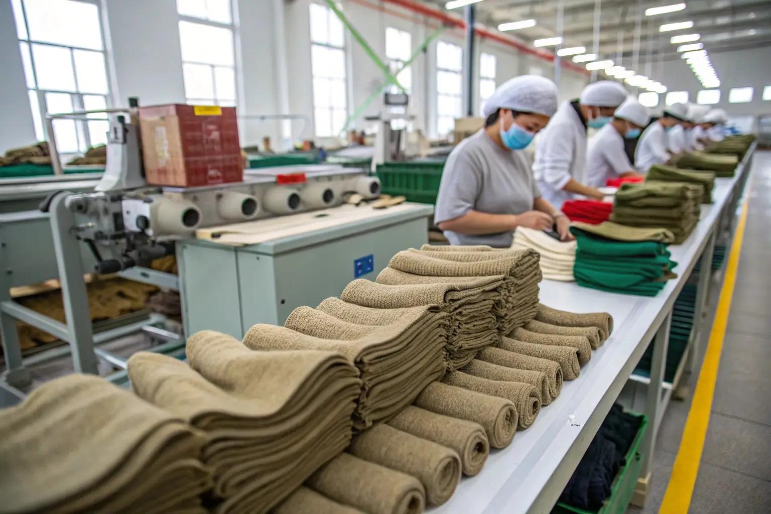 Clothing factory workers sorting garments, efficient production process