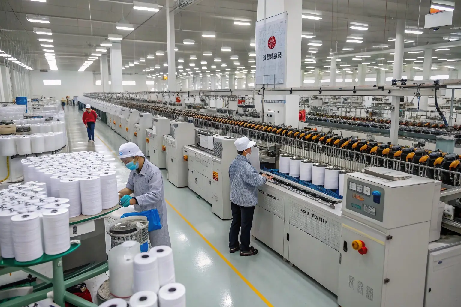Textile factory workers managing yarn production, high-efficiency machinery