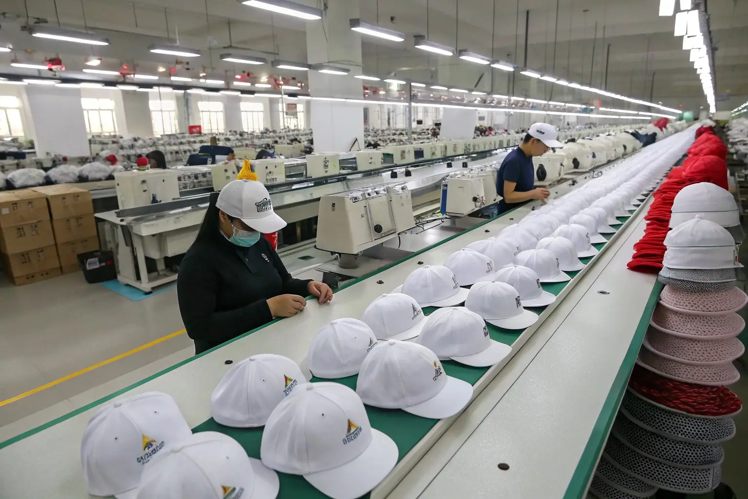 Cap manufacturing production line, workers ensuring quality control