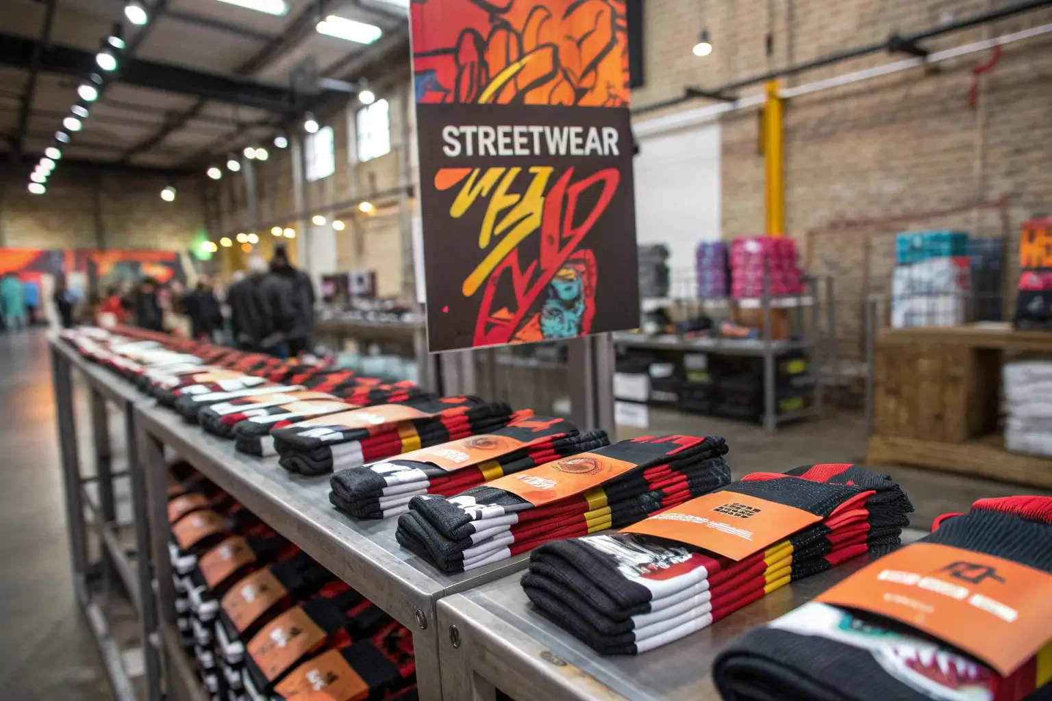 Streetwear socks display at fashion event, trendy and colorful designs