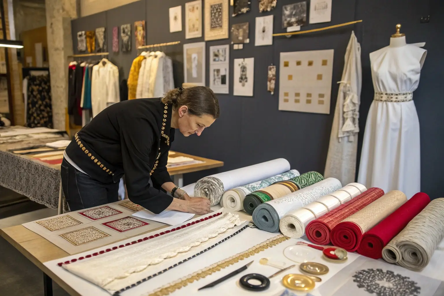 Fashion designer working with luxury fabrics, creative textile design