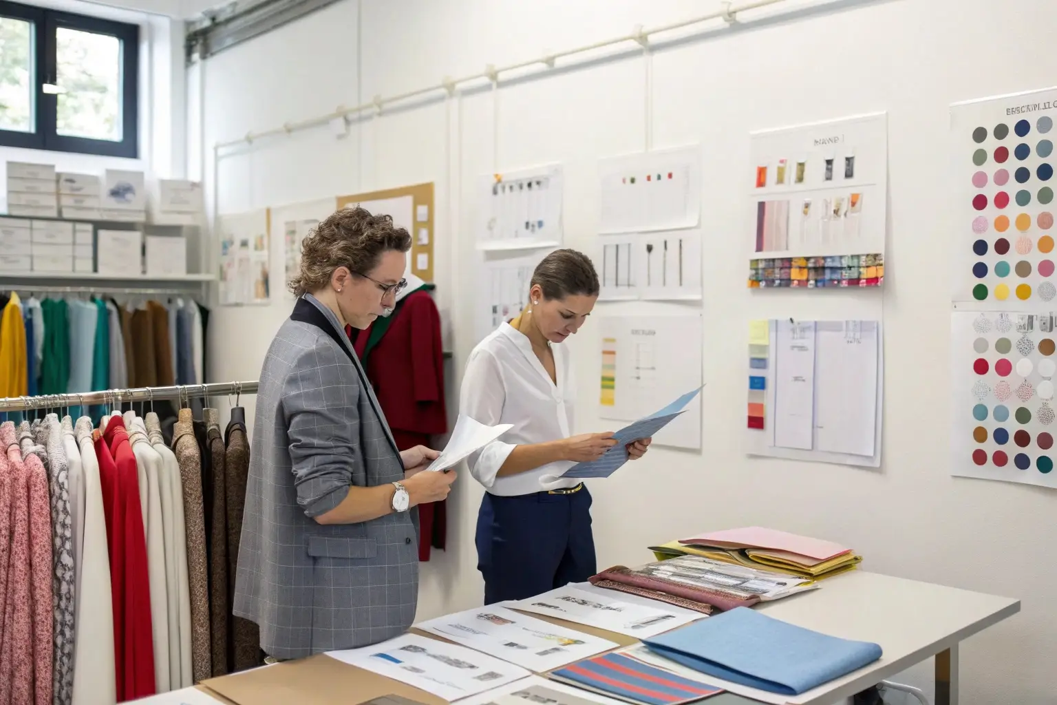 Fashion designers reviewing fabric samples, creative textile planning