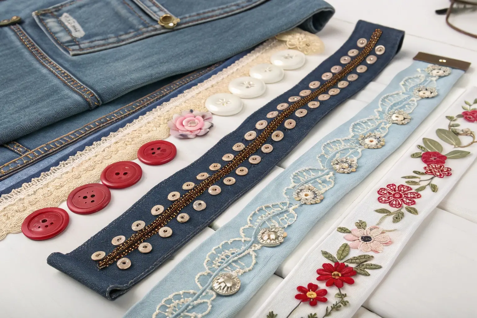 Decorative fabric trims and buttons, detailed garment embellishments