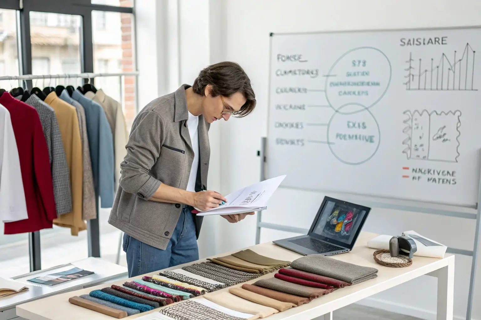 Fashion designer reviewing textile samples in a creative workspace