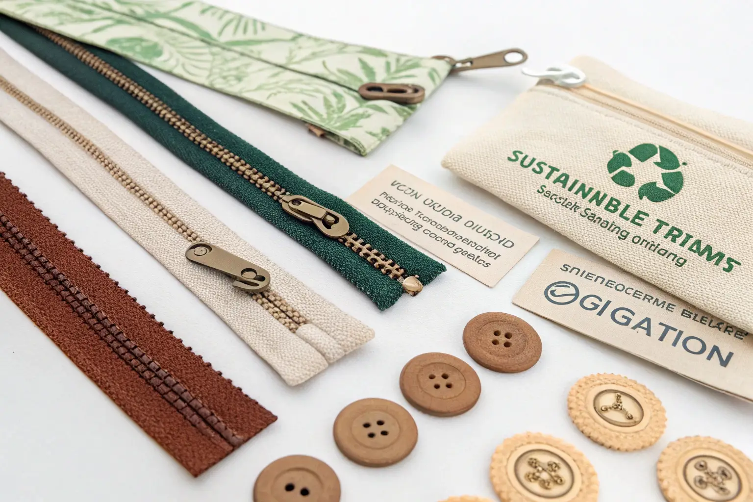 Eco-friendly garment trims including zippers and buttons