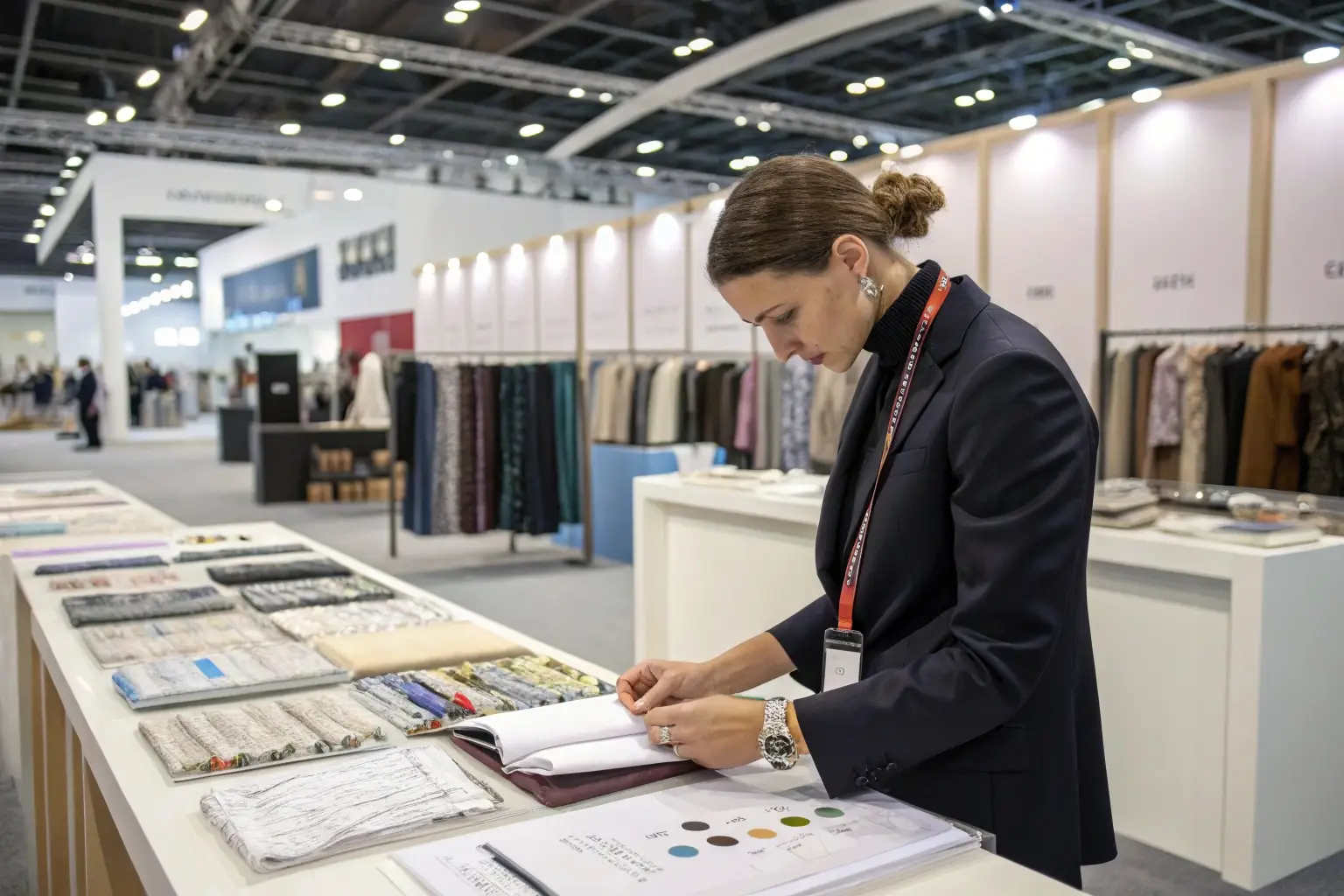 Buyer examining textile samples at a garment trade show