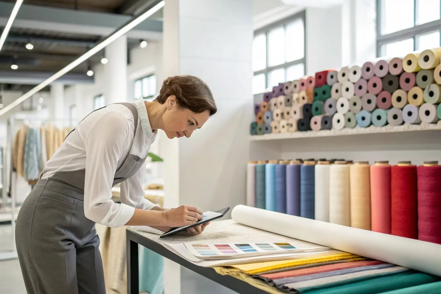 Fashion expert reviewing fabric colors and materials