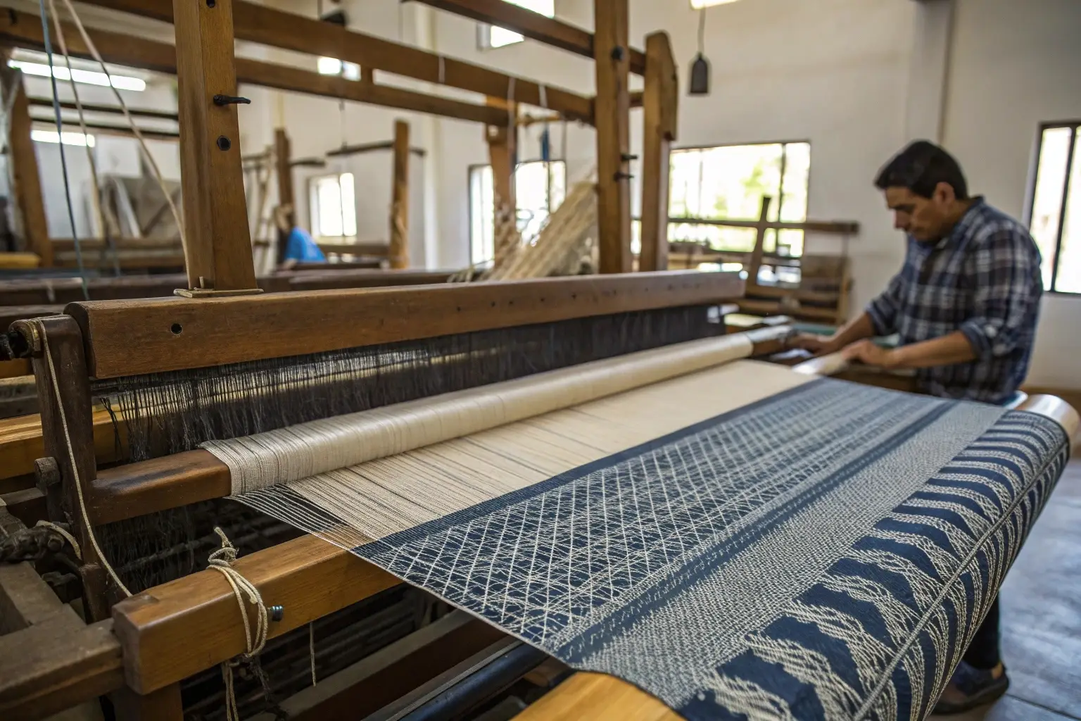 Artisan weaving high-quality fabric on a traditional loom