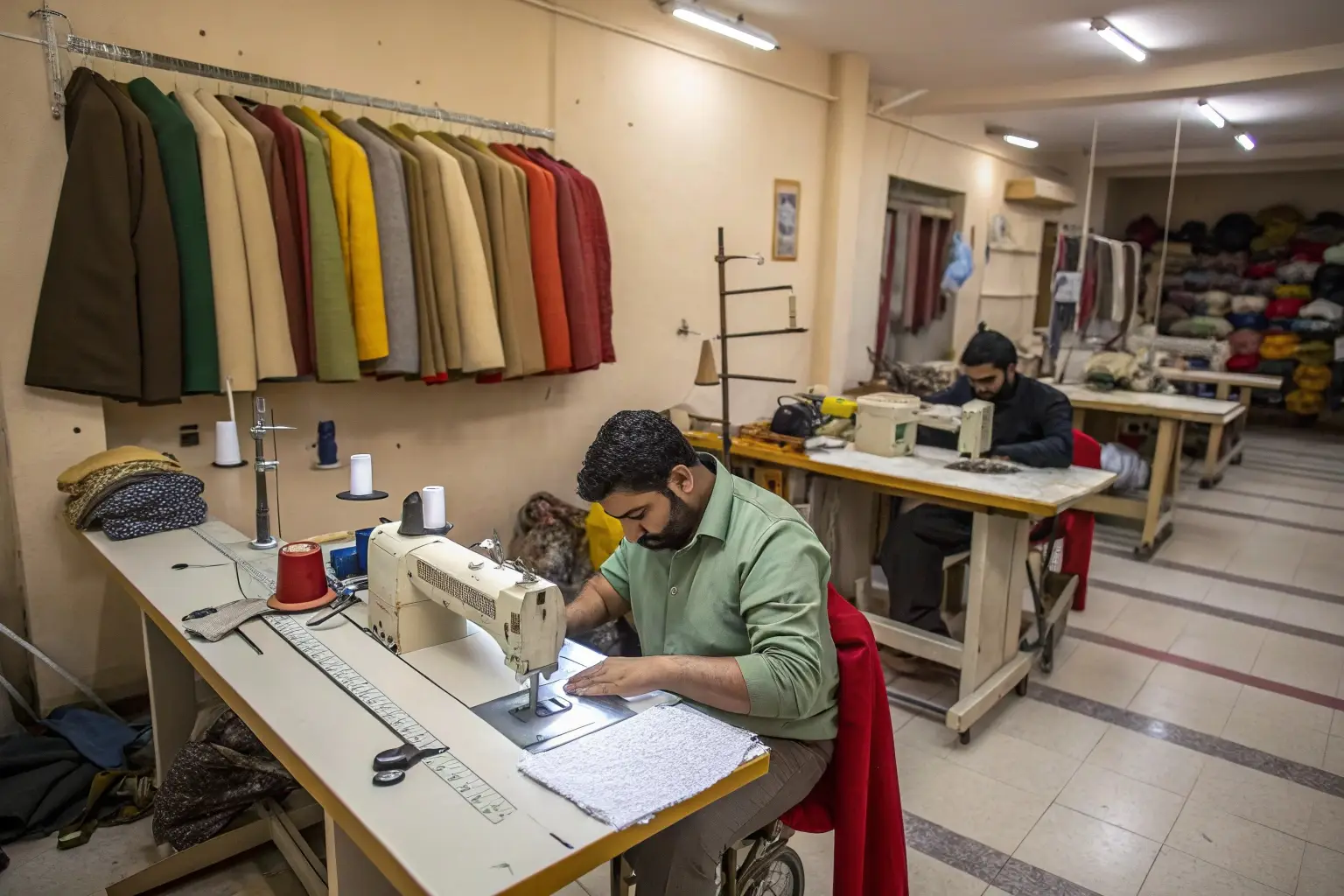 Skilled tailors crafting garments in a professional workshop