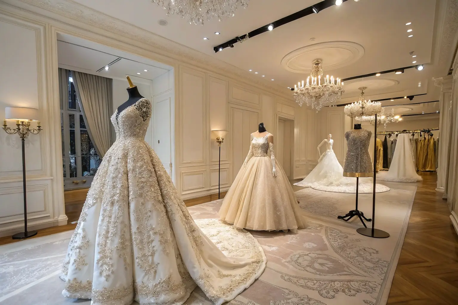 Luxury bridal gowns displayed in an elegant boutique