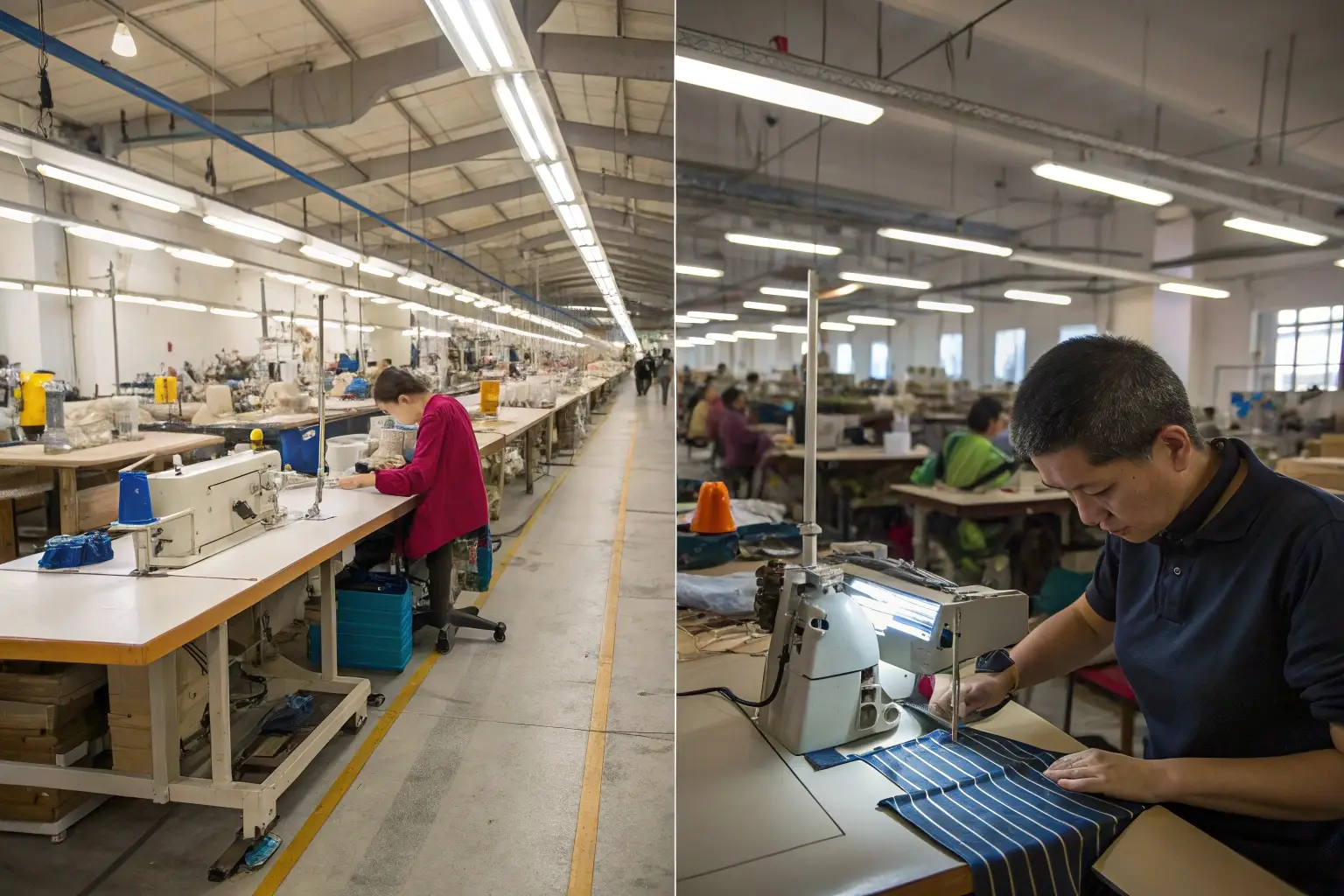 Workers sewing garments in a large clothing manufacturing factory