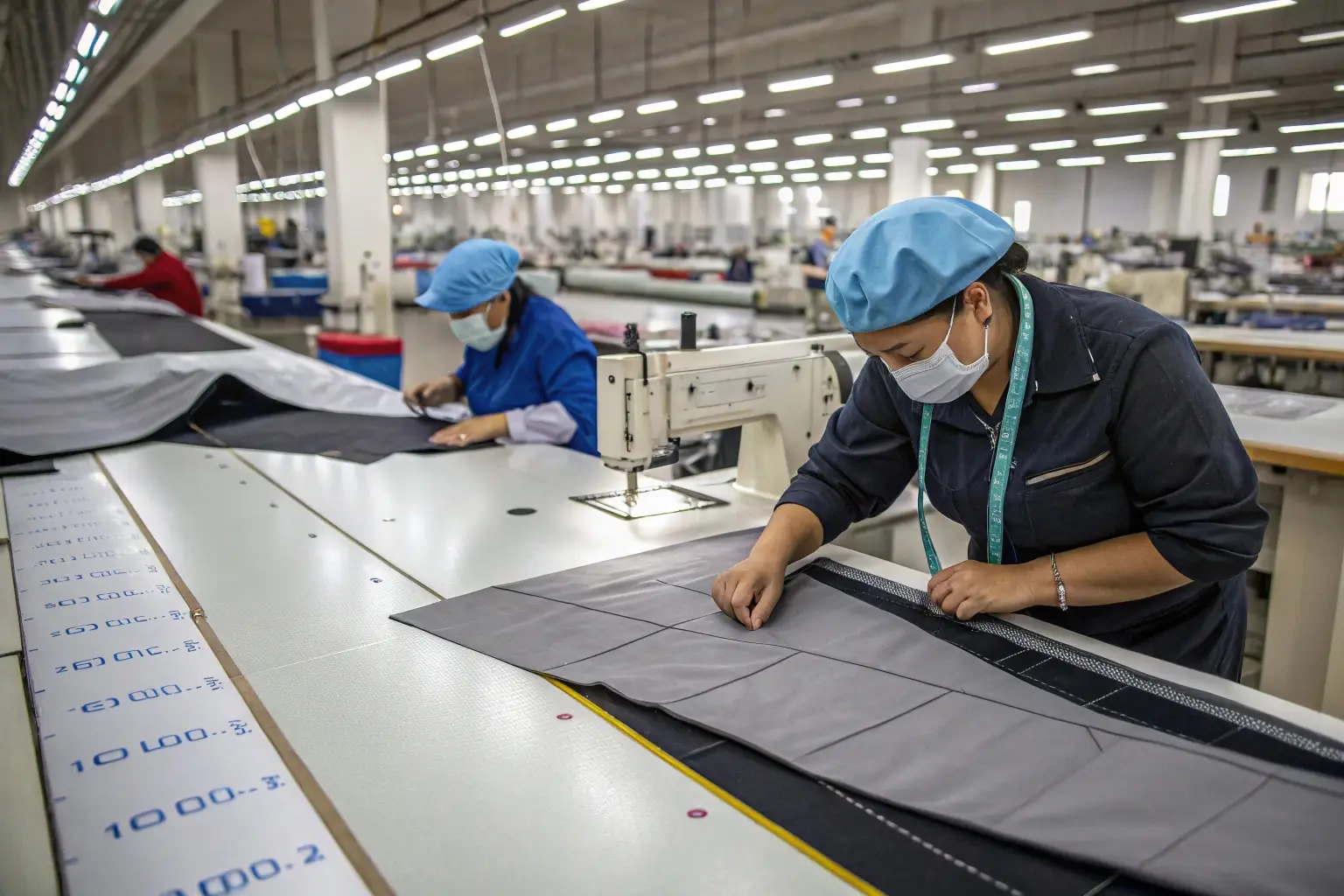 Skilled workers sewing garments in a large textile factory