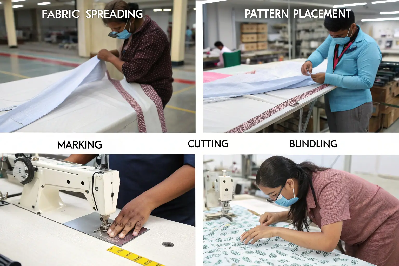 Garment production process, fabric spreading, pattern placement, marking, cutting, bundling