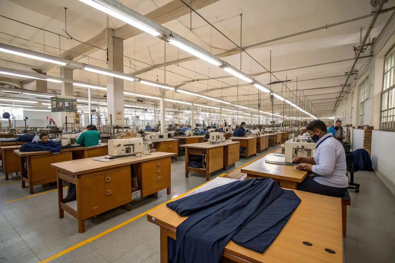 Large garment factory with sewing workstations, industrial production setup