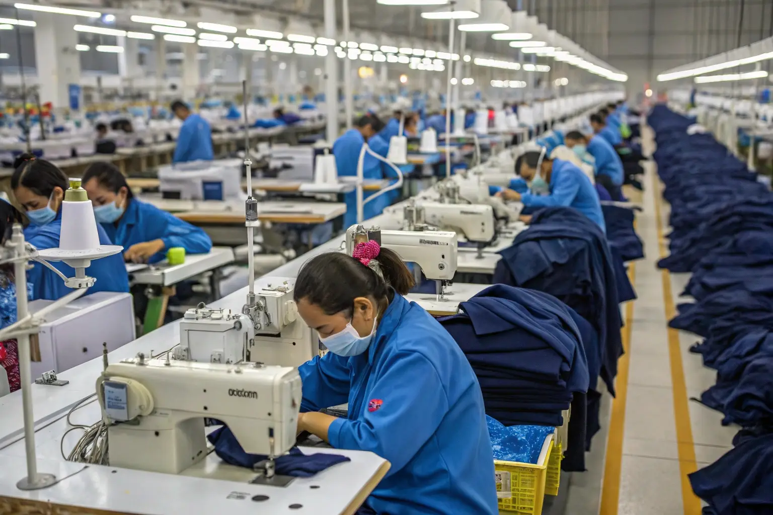 Large garment factory with workers sewing blue fabric, industrial production