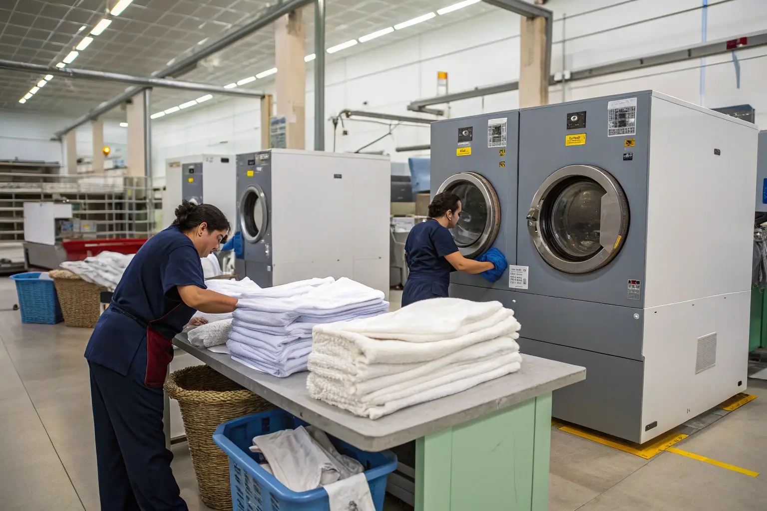 Industrial laundry facility with workers handling textiles