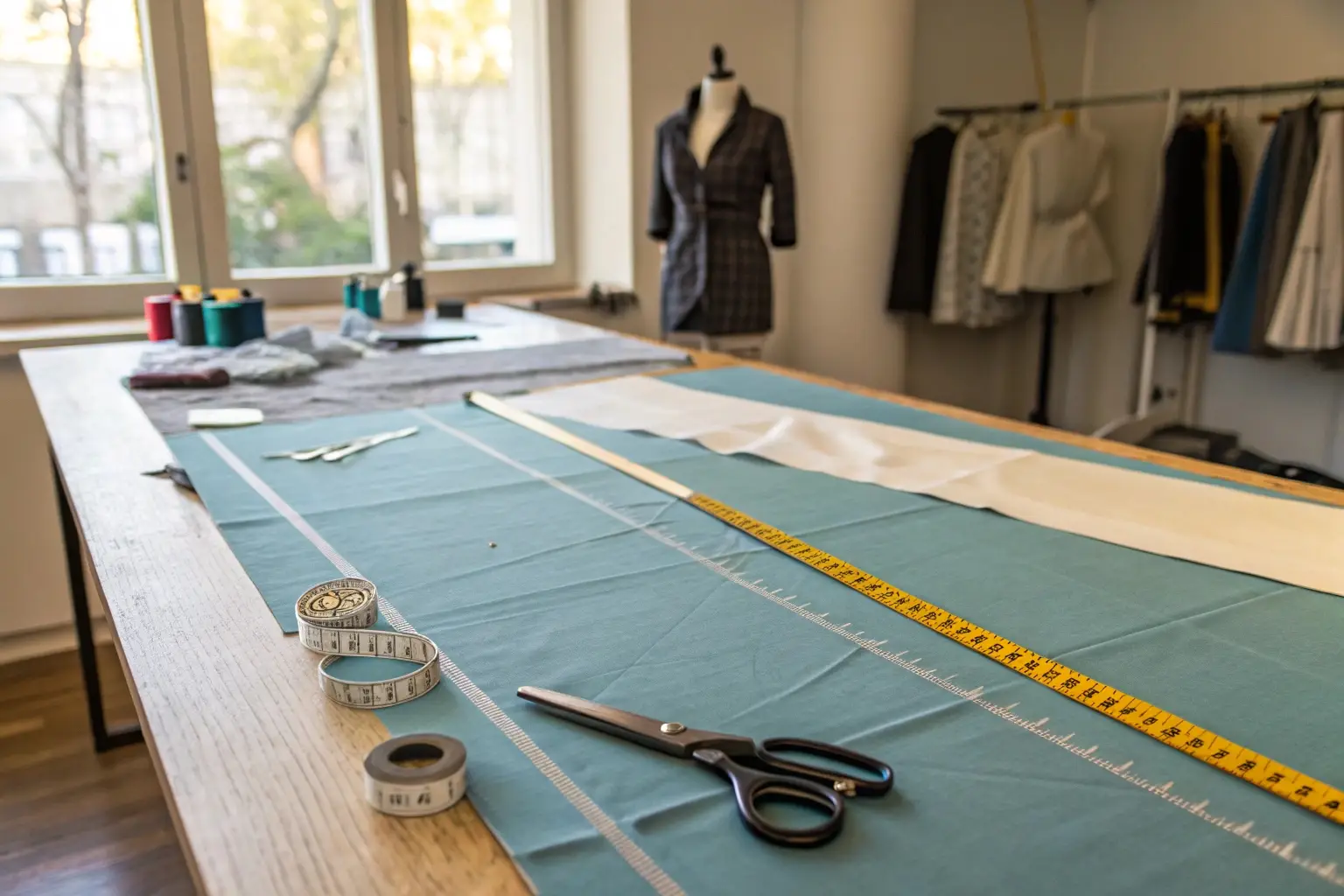 Tailoring workshop with fabric, scissors, and measuring tape