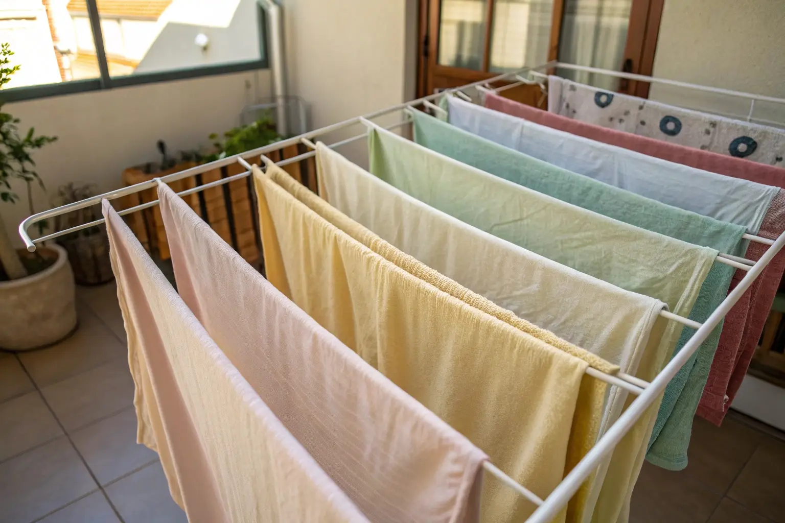 Colorful fabric drying on a rack in a well-lit space