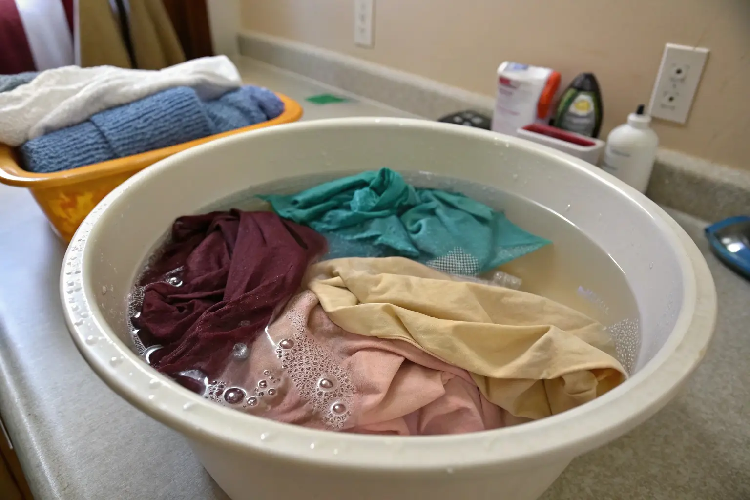 Handwashing delicate fabrics in a basin with soapy water