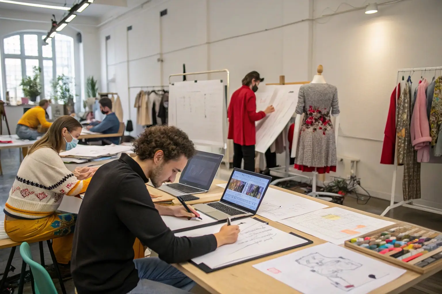 Fashion designers sketching clothing concepts in creative studio