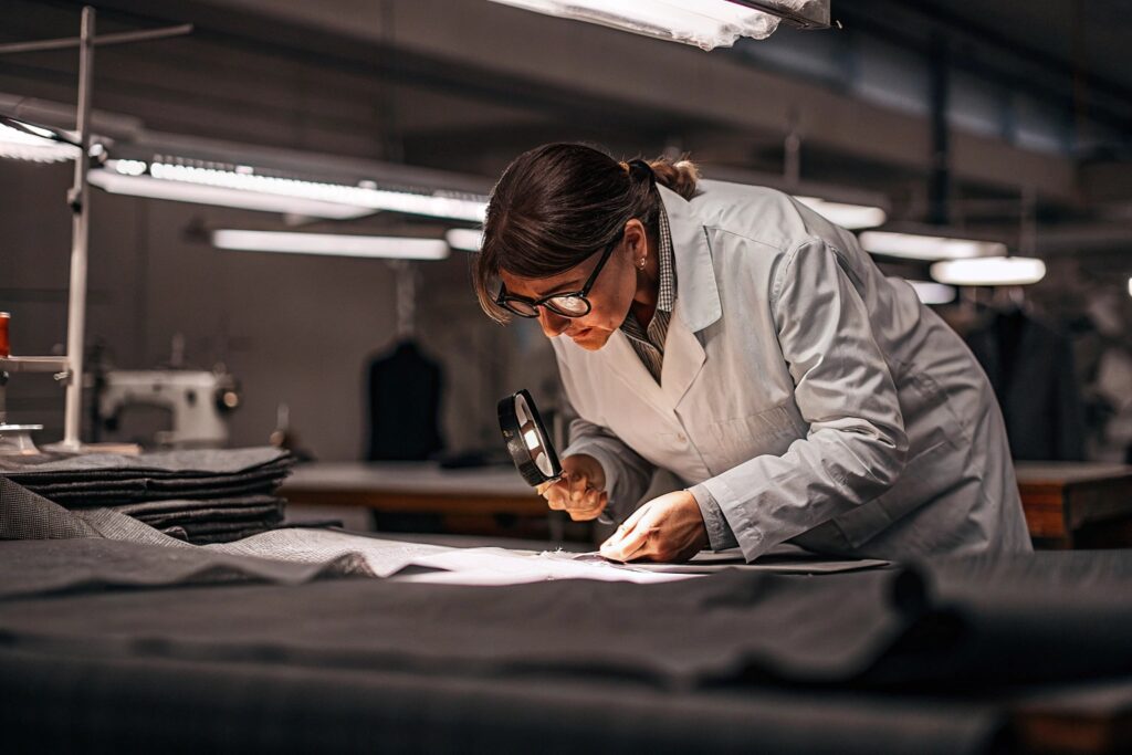 Quality control inspector examining fabric in a garment factory