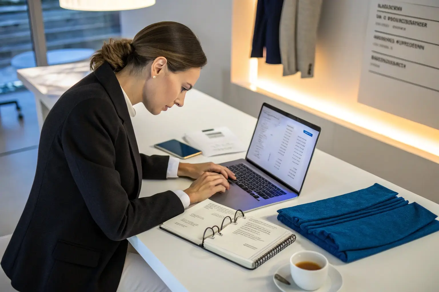 Business professional female in her 30s discussing annual strategies and division policies with a focus on customizable apparel solutions