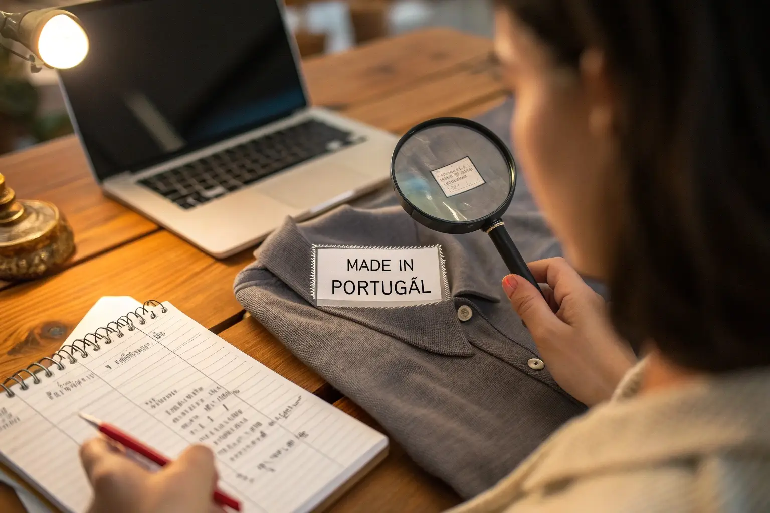 Close-up of a clothing label with detailed stitching and 'Made in Portugal' text, showcasing Fumao's attention to quality and craftsmanship