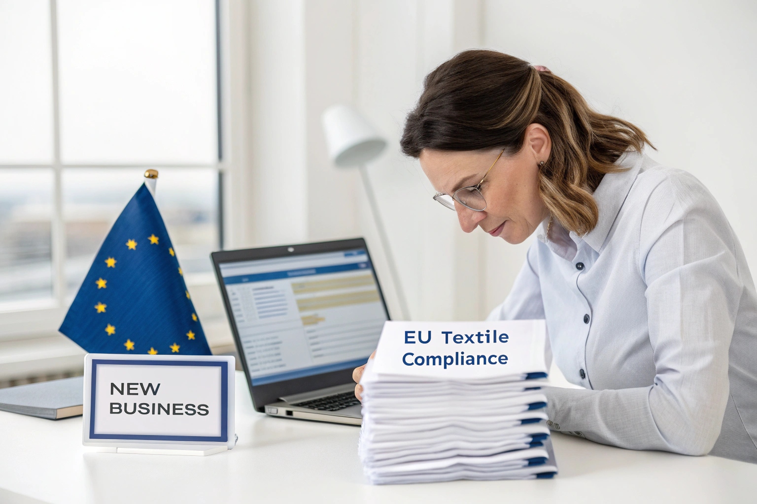 European female entrepreneur in her 30s discussing EU textile compliance and new business opportunities with Fumao's customizable apparel