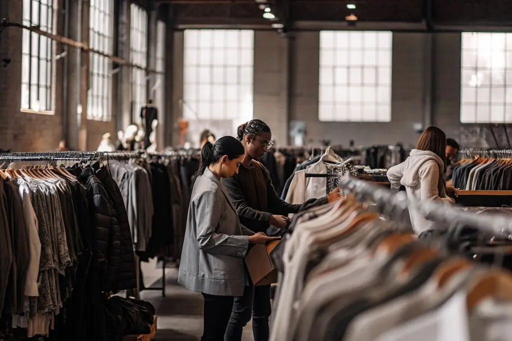 Wholesale clothing buyers selecting premium garments in a fashion showroom