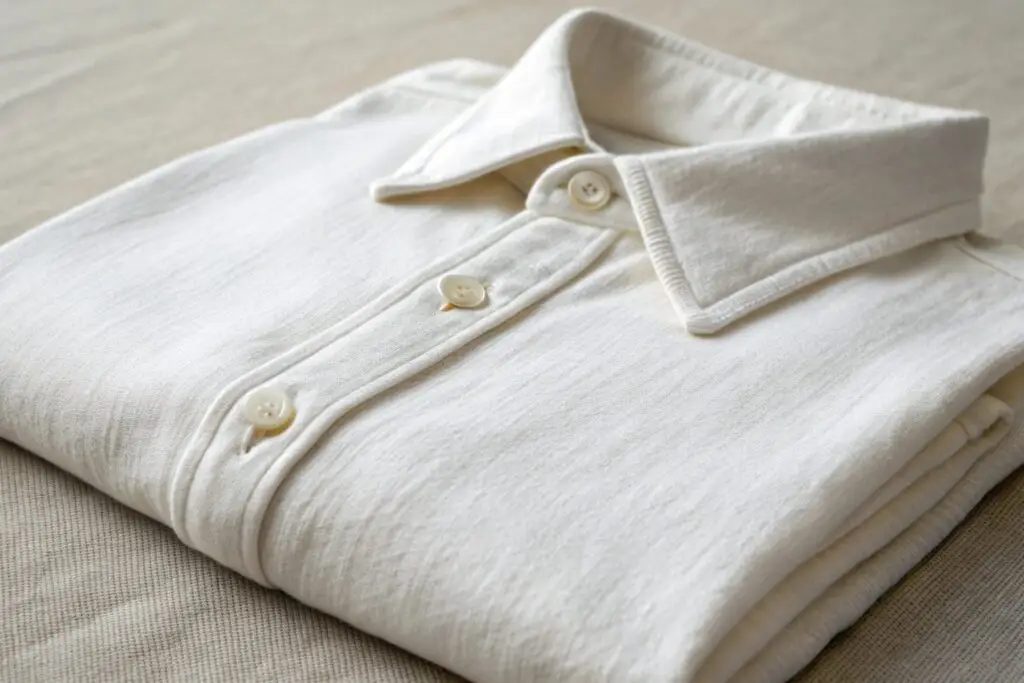 Folded white shirt with buttons, showing soft texture and clean design