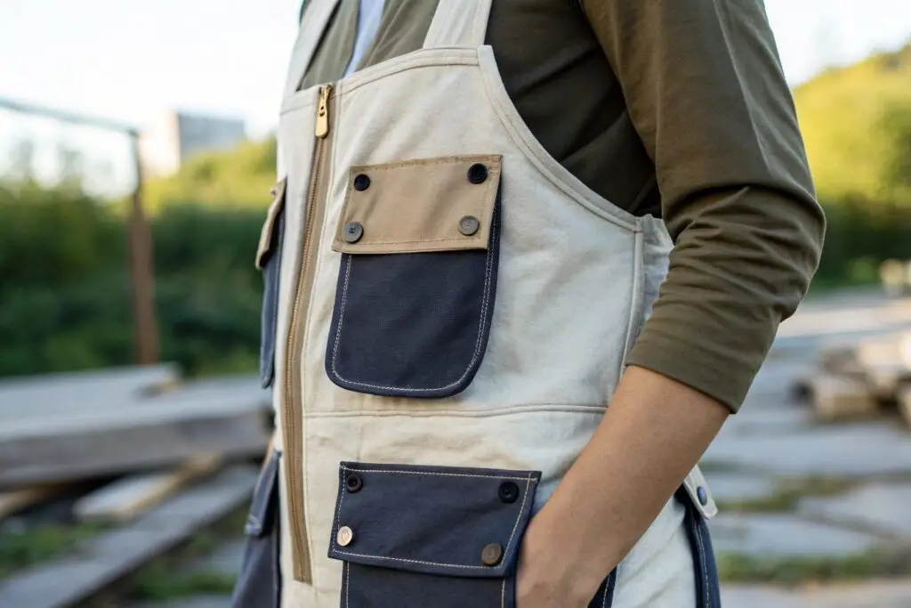 Patch flap pockets on utility vest, durable design