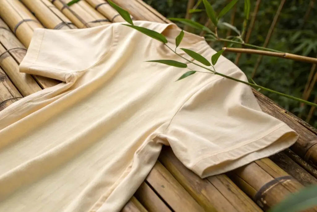 Soft bamboo fabric t-shirt resting on bamboo, showcasing sustainable fashion