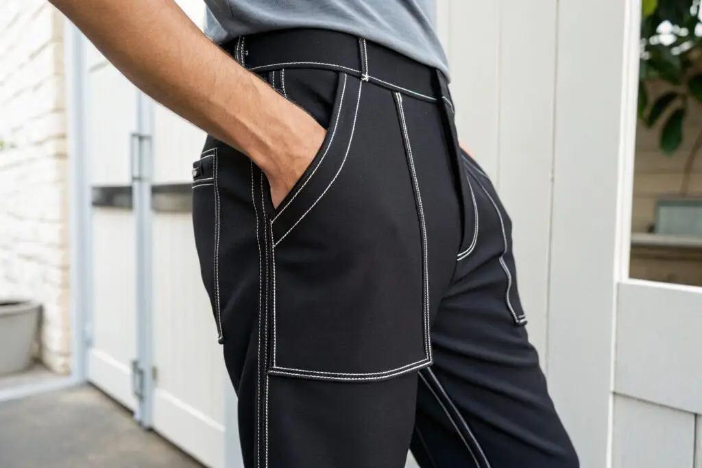 Inseam pockets on black pants, sleek and functional