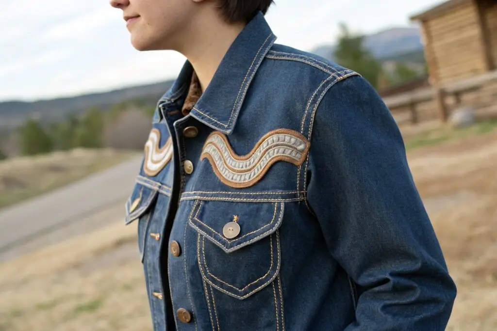 Western pockets on a denim jacket, stylish and functional