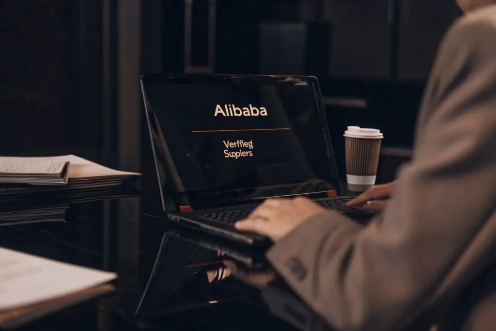 Business professional researching verified suppliers on a laptop