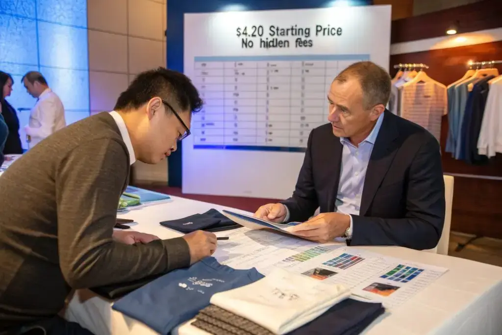 Business meeting with a European buyer discussing $4.20 starting price and no hidden fees for high-quality customizable apparel
