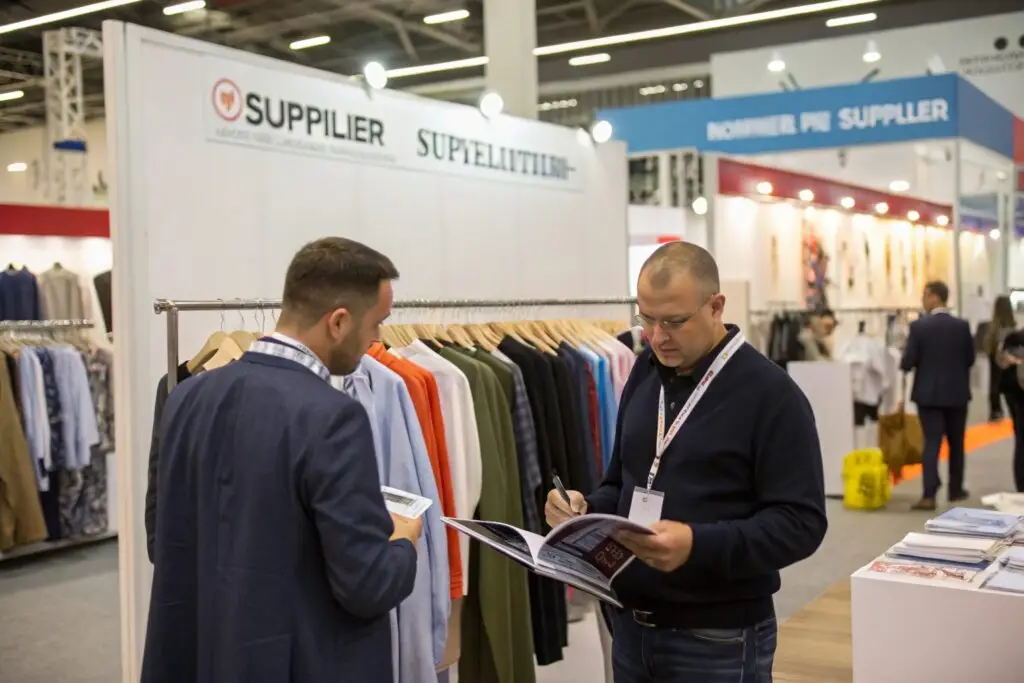 A vibrant trade show booth showcasing Fumao's latest clothing collections for wholesale and customization