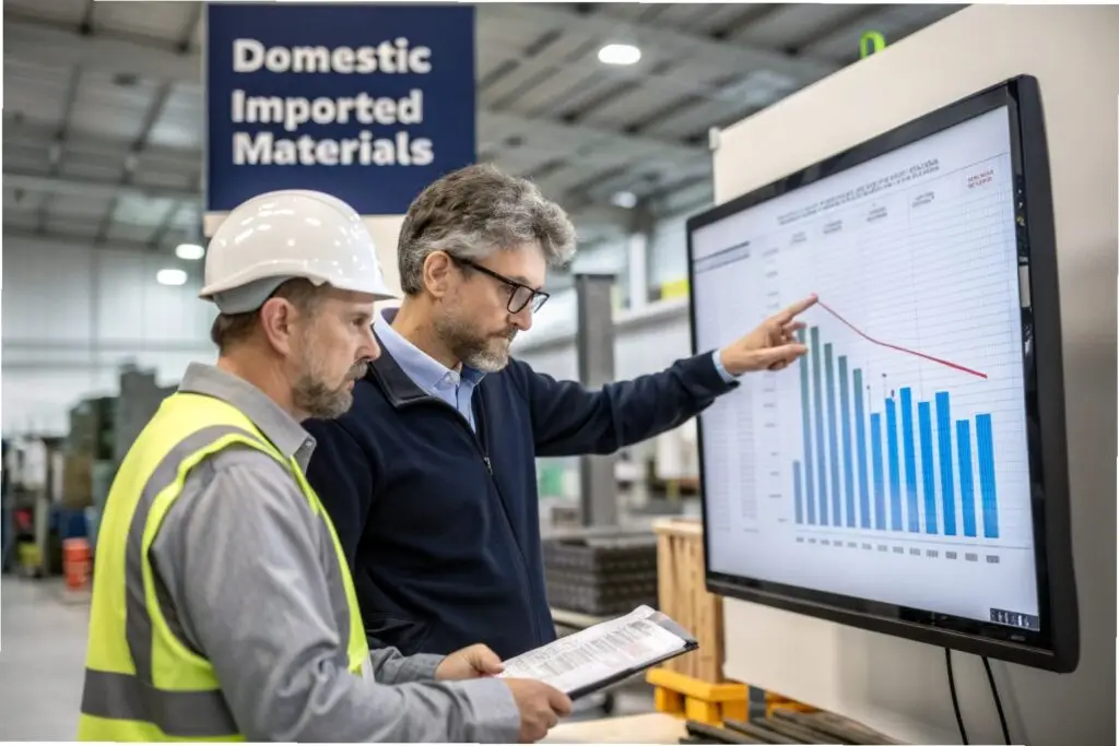 Business owner and production manager analyzing material data and charts in a factory