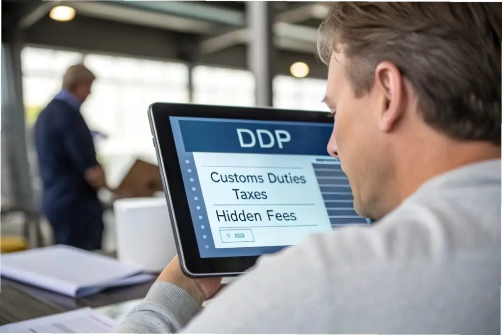 Person reviewing a digital tablet with a breakdown of customs duties, taxes, and hidden fees