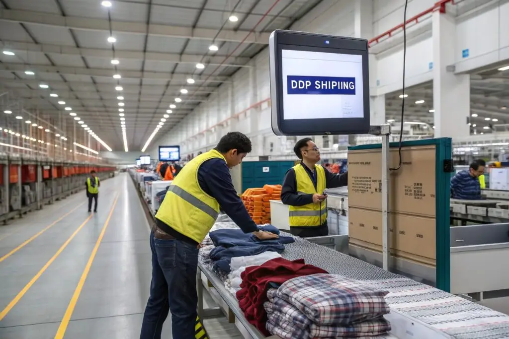 Workers sorting garments in a logistics center