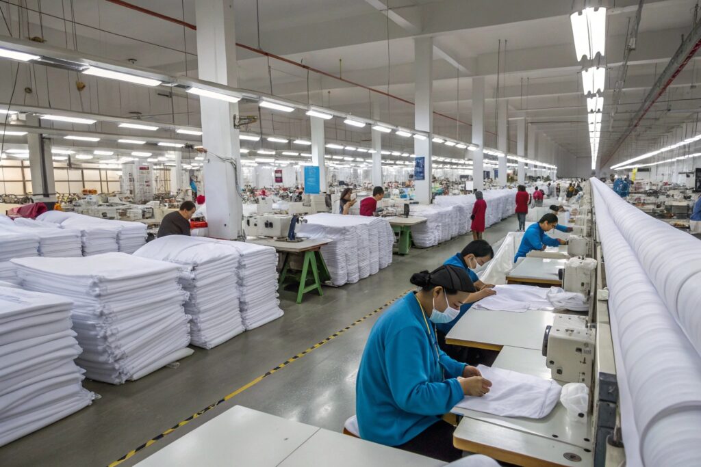Workers in a spacious garment factory sewing high-quality clothing