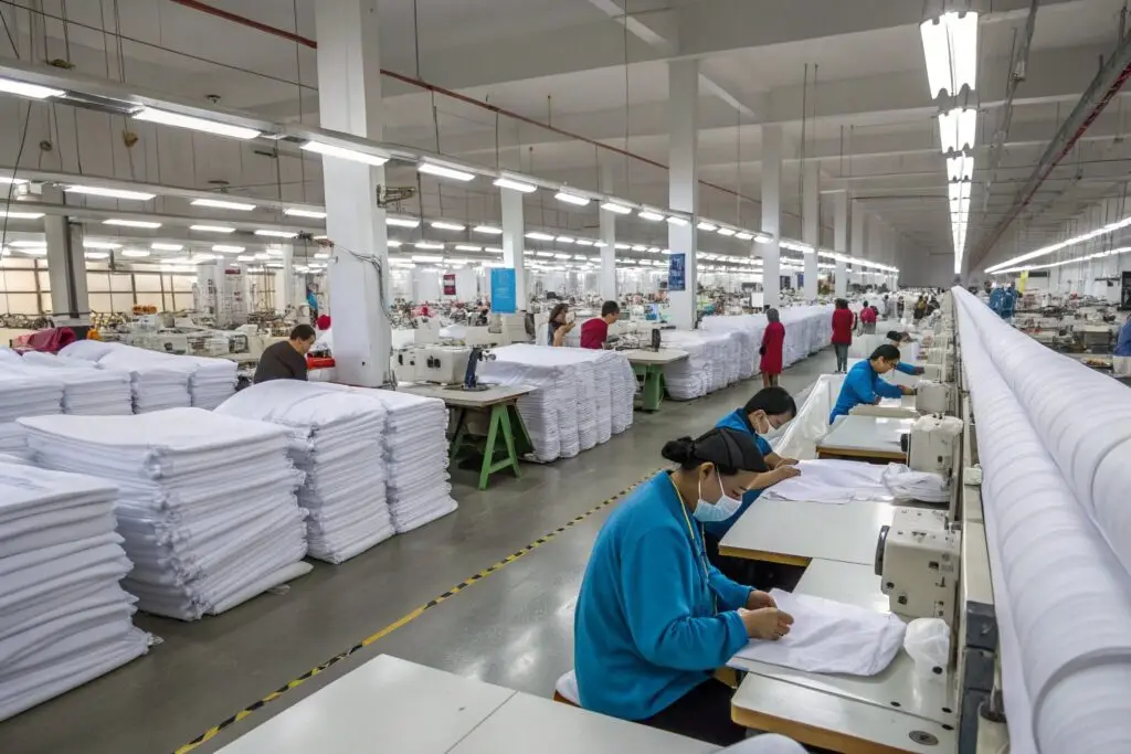 Workers in a spacious garment factory sewing high-quality clothing