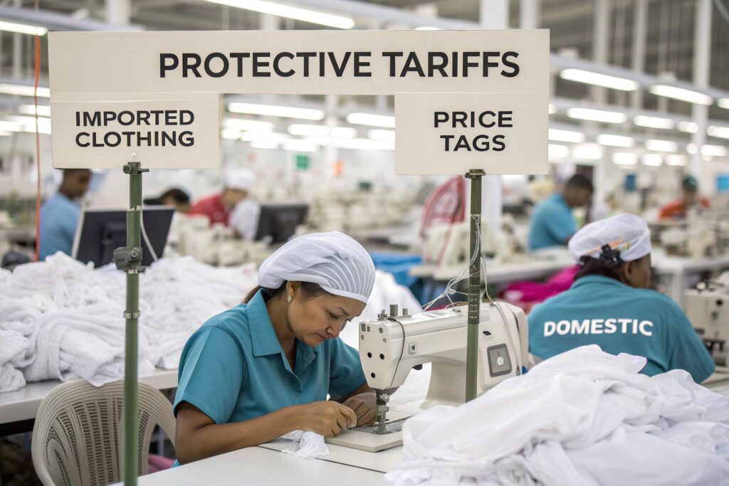 Worker in a garment factory sewing clothing, with signs about tariffs and price tags