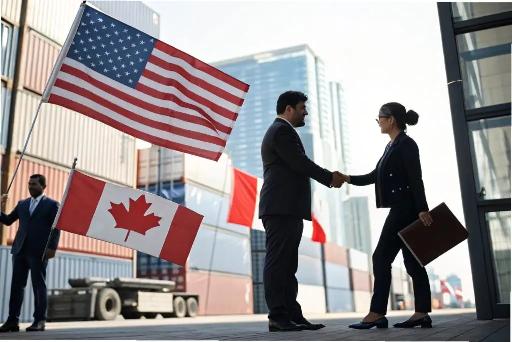 Business handshake between U.S. and Canadian officials with flags in the background