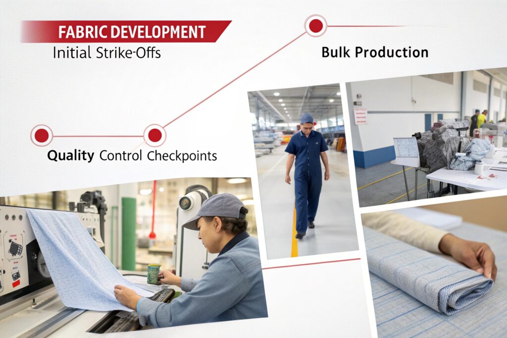 Design team reviewing fabric patterns and colors