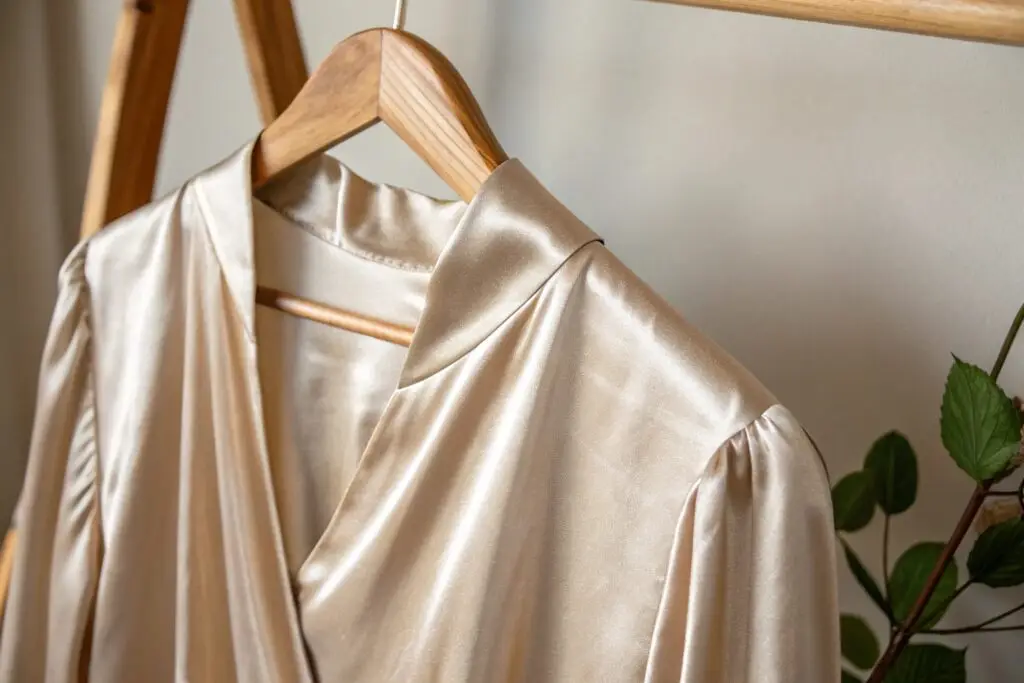 Elegant beige silk blouse, showcasing smooth texture and stylish design