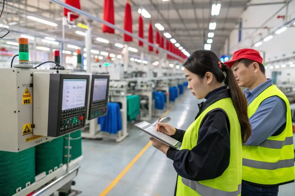 Garment factory workers inspecting production process