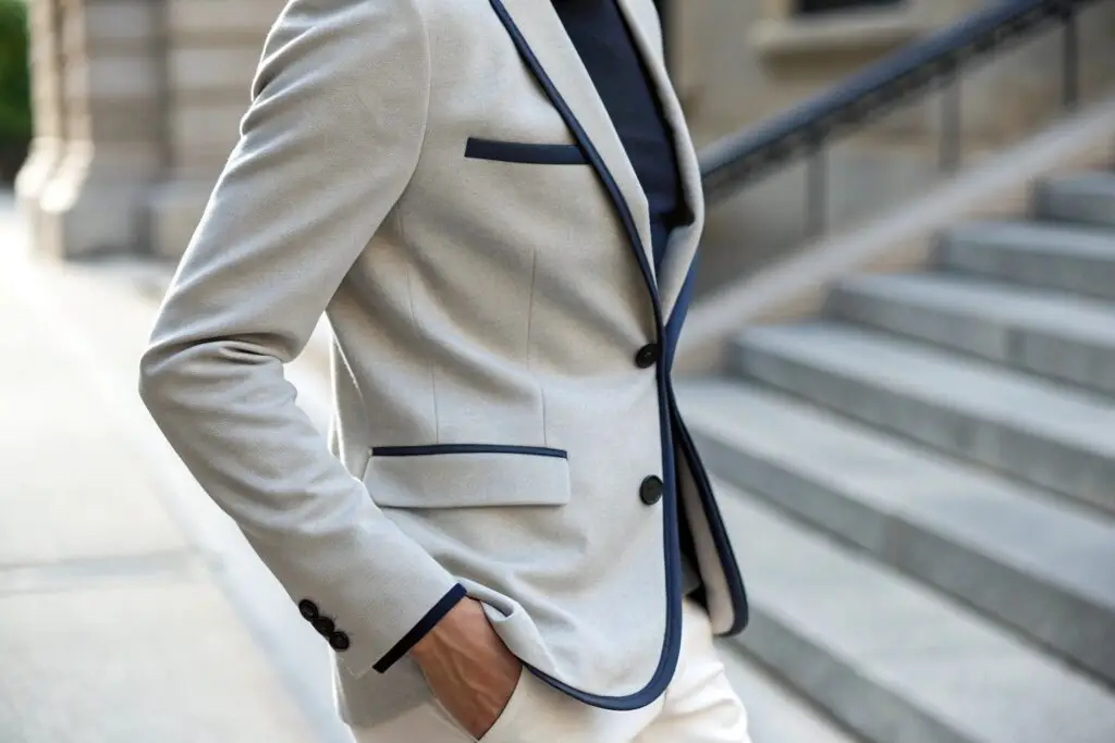 Close-up of a stylish blazer with contrast trim
