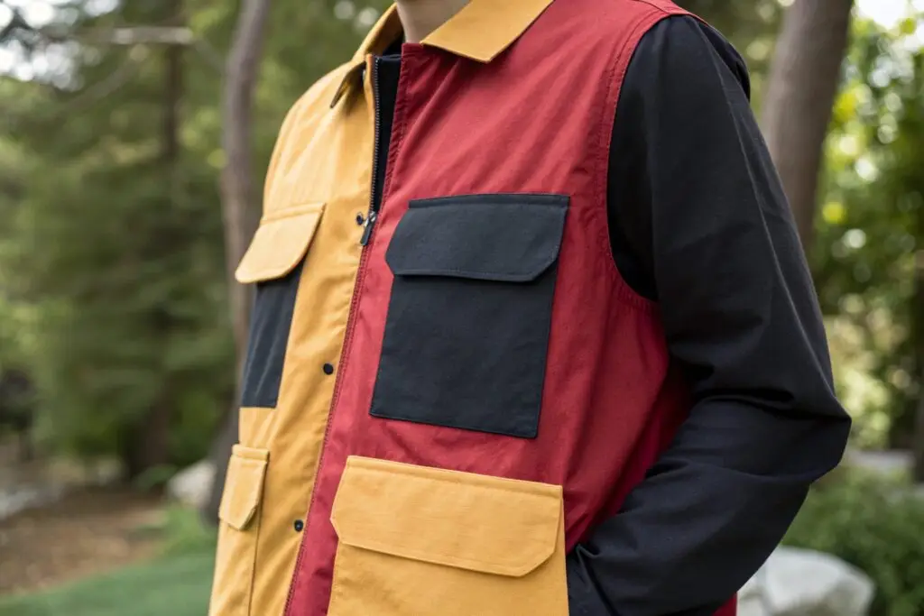 Contrast pockets on a color-blocked utility vest, adding a bold and functional design