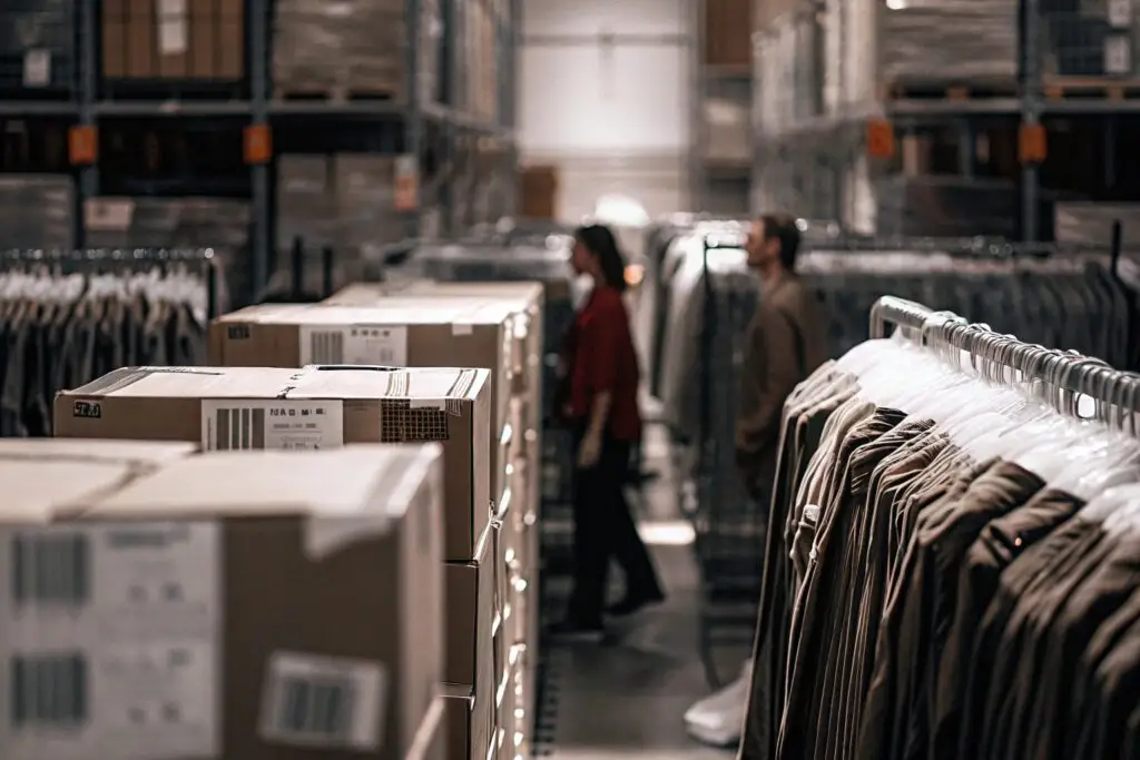 Wholesale clothing warehouse with packed boxes and apparel inventory